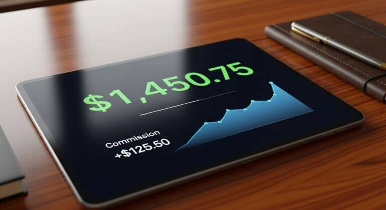A digital calculator on a screen displaying increased commissions and income, symbolizing a tool to boost sales and earnings.